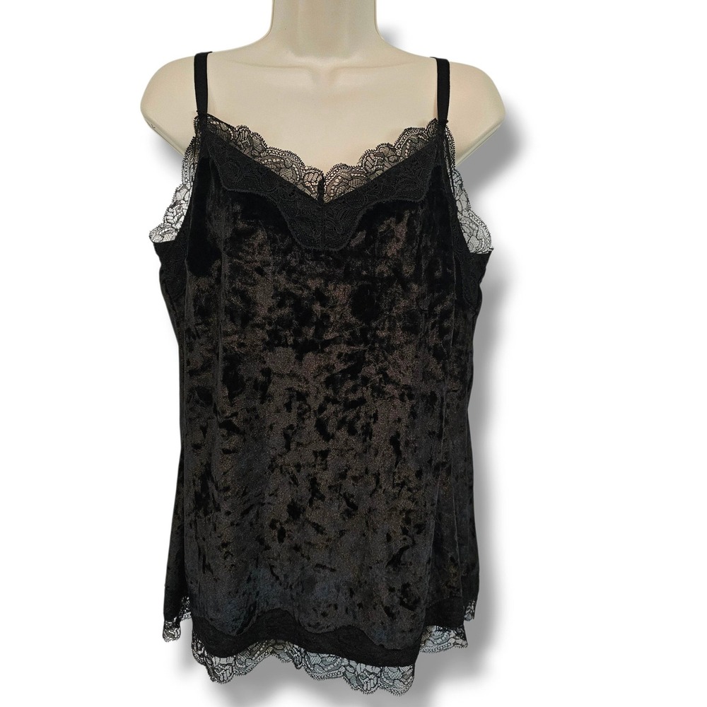 Y2K Cami Tank Top XL 14/16 Women Black Crushed Velvet Lace Trim Whimsigoth Vampy